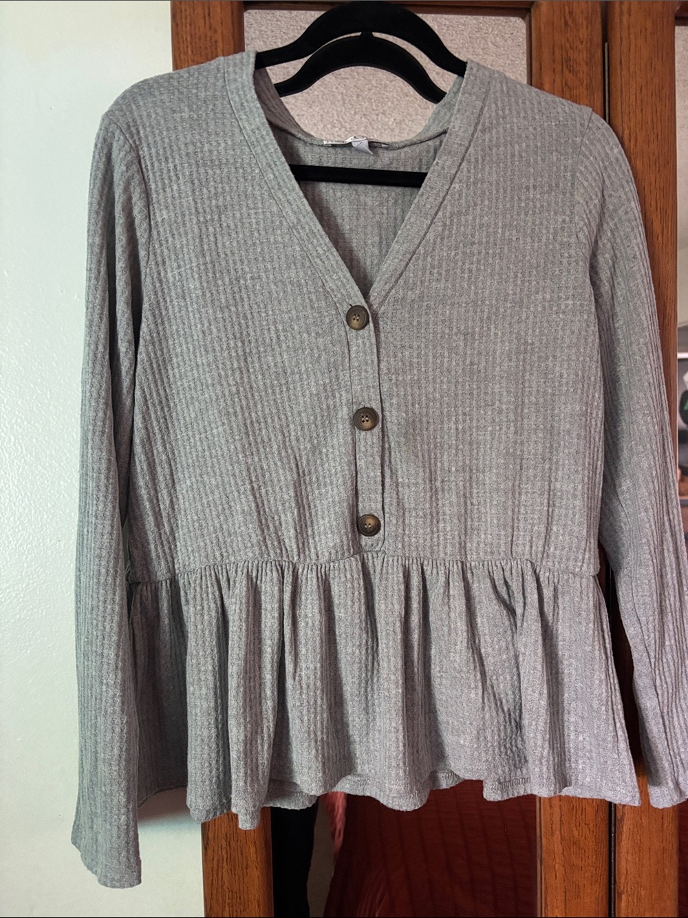 Moa Moa Gray Waffle Knit Peplum Henley Top XL Long Sleeve